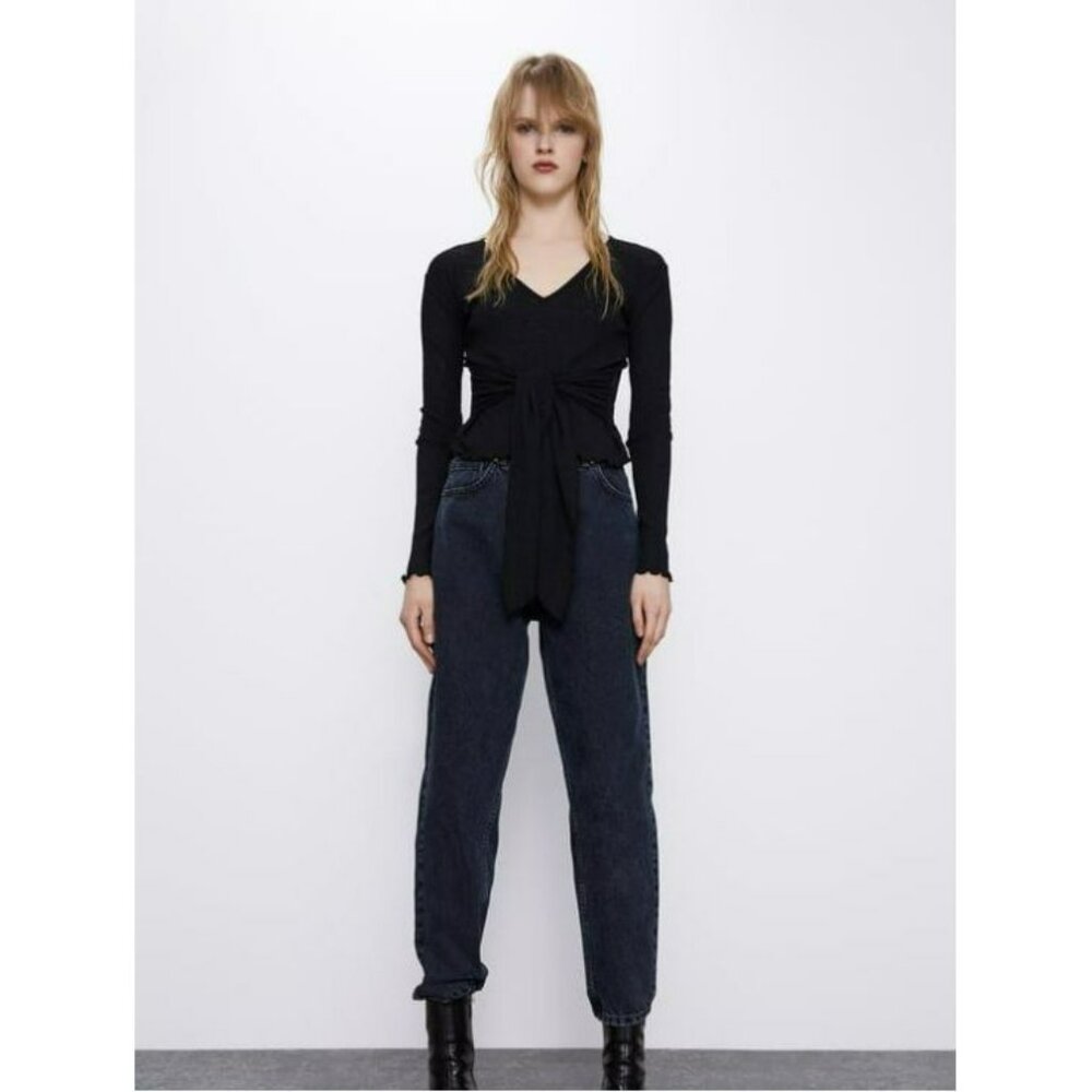 ZARA Black Textured V-Neck Long Sleeve Top Tie Detail Blouse Size Medium